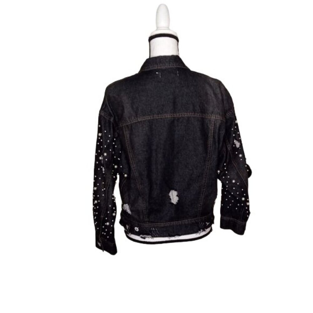 NWT Elan Distressed Denim w/ Pearl & Silver Beaded Black Jean Jacket M/L - Picture 5 of 9
